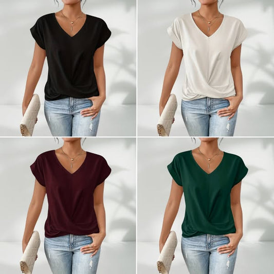 👚 50% RABATT! 💃 Elegant Kortärmad T-shirt med Vriden V-ringning – Mjukt Tyg, Figursydd Silhuett & Perfekt För En Stilren Vardagslook 🌸