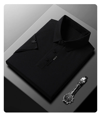 👔 NU 50% RABATT HALVA PRISET 🔥 Manschetter i issilke och dubbla grafiska pikétröjor på bröstet för män ✨ Mjukt svalt material & stilfull design för alla tillfällen 😎