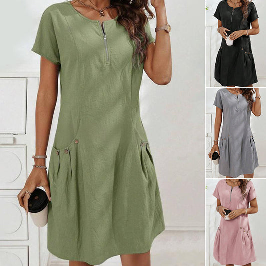 👗 58 % RABATT! ✨ Damklänning med halv dragkedja – knäppta fickor, mjukt tyg och avslappnad passform 🌸