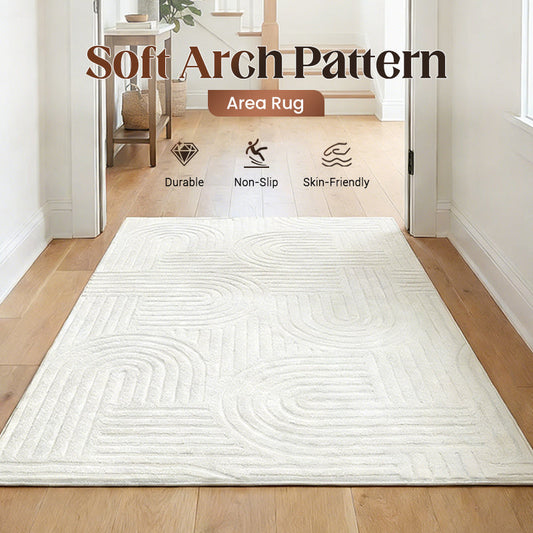 🛋️ REA! ⚡ Mjuk bågmönstrad matta – Ultramjuk och fluffig, modern bågdesign, halkfri botten, tvättbar och perfekt för vardagsrum/sovrum ✨