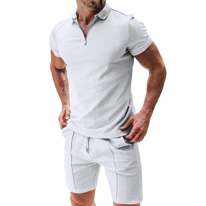 ☀️👕 50% RABATT! | Sommarcasual Set – Våffelskjorta med Dragkedja & Matchande Shorts!