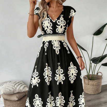 👗 50% RABATT! 🌸 Maxiklänning med V-ringning och barockmönster för kvinnor – Elegant, ledig & perfekt för sommarfester, bröllop eller romantiska utekvällar ✨