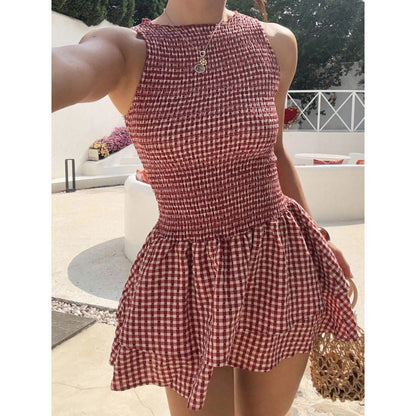 Ärmlös Smockad Miniklänning i Gingham