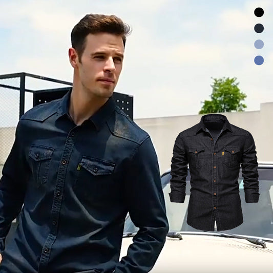 Strykfri herrjeansskjorta med lång ärm – Ledig denimlook, perfekt för vardag & fritid