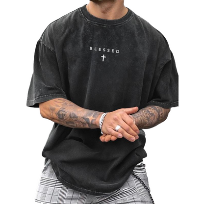 👕 50% RABATT NU! ⛪ Herr Cross & Letter Print Vintage T-Shirt – Mjuk Andningsbar Blandning, Avslappnad Drop Shoulder & Acid Wash Toner ✨