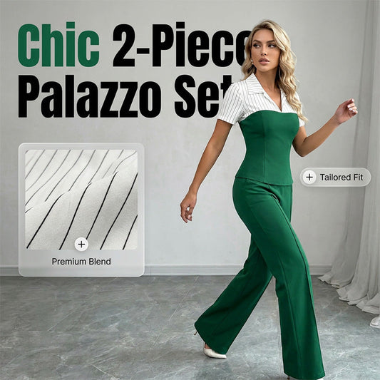 👗 50% RABATT NU! ✨ Randigt Kragset – V-ringad Topp & Palazzobyxor – Flödande & Elegant 💼