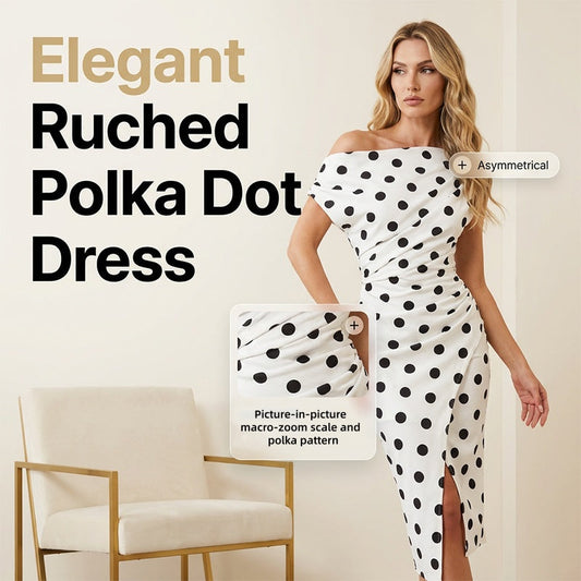 👗 TIDSBEGRÄNSAT 50% RABATT! ✨ Vit & Svart Prickig Asymmetrisk Klänning – Off-Shoulder, Rynkad Överdel, Sidoslits 🌸