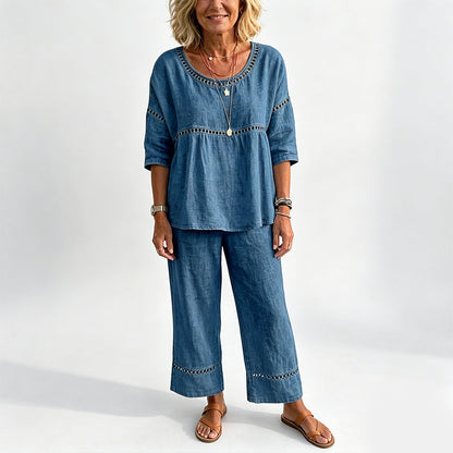 🔥🎁Nyhet 50 % RABATT🔥Casual tvådelat set för dam med hålbroderier