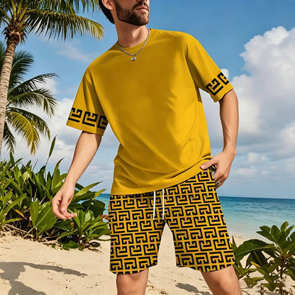 👕 50% RABATT! 💛 Herr gul grafisk tryckt kortärmad träningsset – Bekväm, sportig & perfekt för träning och fritid – stick resistant & sval bomull 🔥