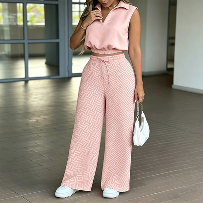 👚 50% RABATT NU!✨ Damer Tvådelars Lounge Set – Krage Crop Top & Vida Byxor – Dragsko & Andningsbar – Chic Casual Outfit 👖