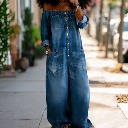 Axelbandslös denimjumpsuit med vida ben – Avslappnad stil, luftig passform och perfekt för sommar och semester