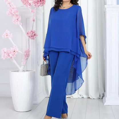 👗 50 % RABATT NU! 🌸Set med lös topp med asymmetrisk fåll och byxor med vida ben för dam