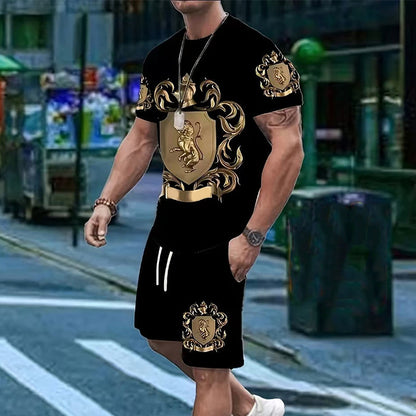 👕 50 % RABATT NU! 👑 T-shirt- och shorts-set för män med guldkrönmönster – Snyggt, andningsbart och perfekt för avslappnade sommardagar eller sportiga looks 🩳