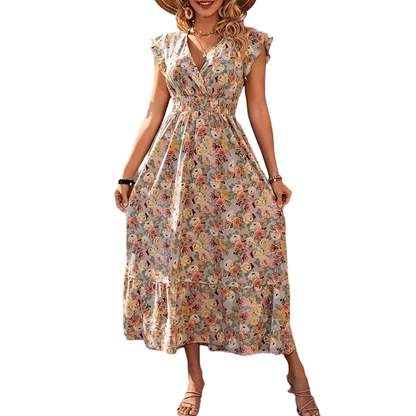 👗 50% RABATT NU!🌸 Blommig V-ringad Klänning med Smockad Midja – Flatterärm & A-linje – Elegant Sommar- & Semesterklänning 🥂