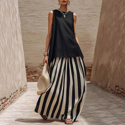 👗 50% RABATT ✨ Set med ärmlös topp och randig kjol för dam ☀️