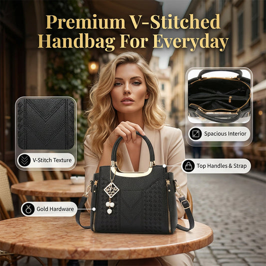 👜 50% RABATT NU! ✨ Dam Handväska med Topphandtag – V-sömnad, Guldbeslag & Flera Fack – Elegant & Rymlig för Arbete, Shopping eller Utekväll 💼