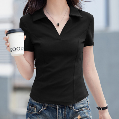 👕 LIMITED-TIME 50% OFF! ✨ Women's Slim-Fit T-Shirt – Lapel V-Neck, Cooling Fabric, Solid Colors 🌿