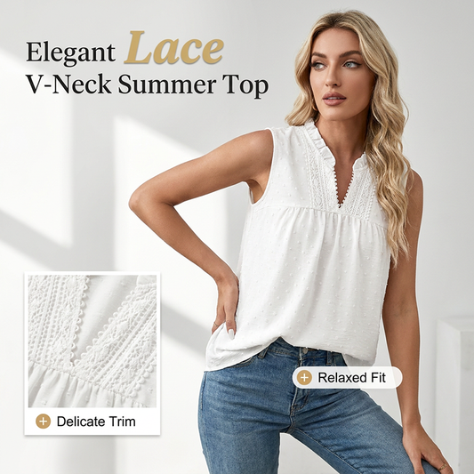 👚 50% RABATT! 💕Prickig ärmlös topp – V-ringning i spets, volanger, babydoll-passform 🌸
