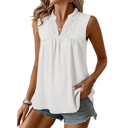 👚 50% RABATT! 💕Prickig ärmlös topp – V-ringning i spets, volanger, babydoll-passform 🌸