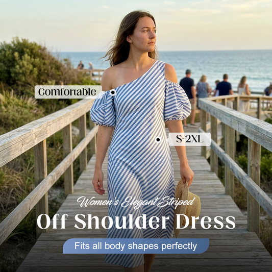 🌸 50 % RABATT NU! 🌸 Elegant Randig Klänning med Bara Axel för Dam