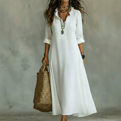 🌸 LIMITED-TIME 50% OFF! 💥 Bohemian Ruffle V-Neck Maxi Dress – Flowing Silhouette, Roll-Up Sleeves, Lightweight ✨