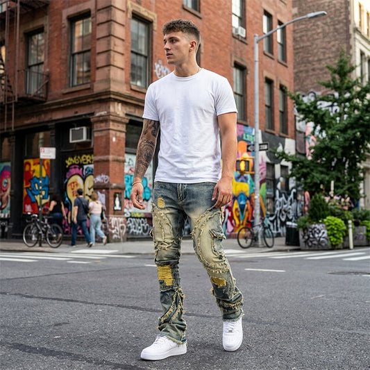 【🎉 LIMITERAD TID – 50 % RABATT+Fri frakt 】✨Klassiska stretchjeans med utsvängda ben för herrar | Högkvalitativ denim i vintage-tvätt med unika lappdetaljer – perfekt för smart casual-stil