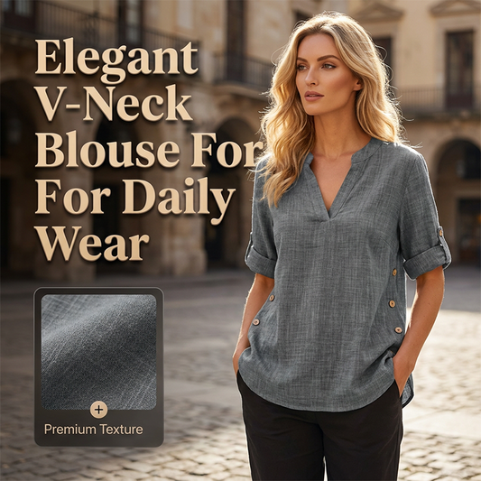 👚 50% RABATT NU! 🌿 Avslappnad V-ringad Blus – Uppvikta Ärmar & Sidoslits – Lätt & Ledig för Sommaren ☀️