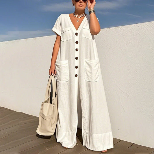 🌬️ Kvinnors lösa jumpsuit – V-ringning, vida ben & luftig passform, perfekt för varma dagar & lata söndagar 🌿