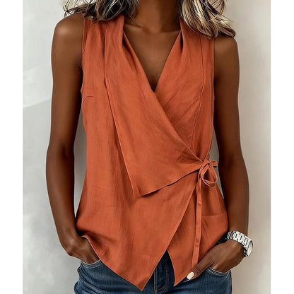 🔥50% RABATT Damblus med halsringning utan ärmar, mjuk andningsbar sommarlinne, elegant löstsittande vardagsskjorta för semester & streetwear
