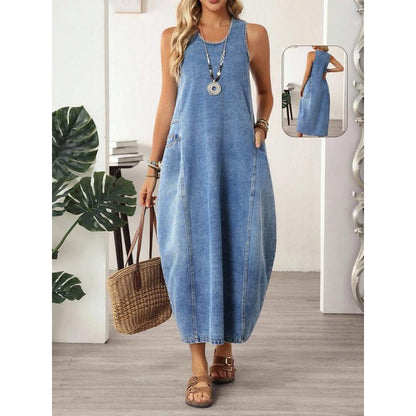 👗50% RABATT HALVT PRIS🧵 Damklänning i denim, ärmlös maxilängd med fickor 👝