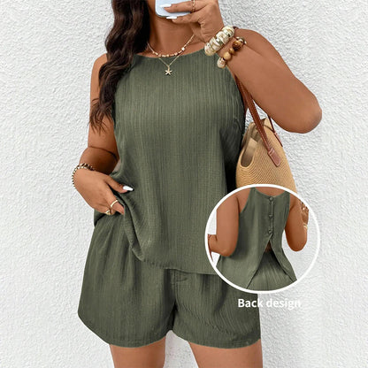 ☁️ 50% RABATT HALVT PRIS 🏡🚶 Damernas Casual Tvådelat Set – Ärmlös Topp med Bakslits och Shorts 💚