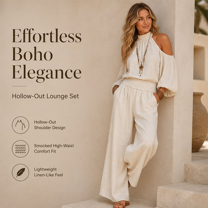 🎉 BEGRÄNSAD TID 50% RABATT! 🌸 Damtopp med kall axel & halsringning + Byxor med vida ben – Boho-elegans & linnelikt andningsbart material ✨