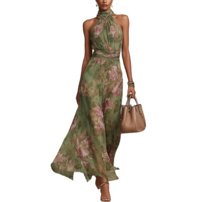 🎉 LIMITED TIME 50% OFF! 💚 Floral Halter Maxi Dress – Goddess Vibes, Floor-Sweeping Flow ✨