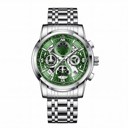 🔥50% RABATT✨ Herr klassisk kvartsklocka – grön skeletturtavla, rostfritt stål & 3ATM, tidlös stil för vardag och fest ⌚