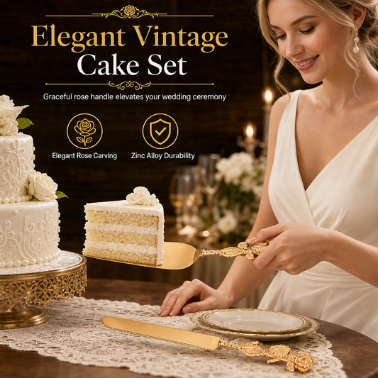 🍰 TIDSBEGRÄNSAT 50% RABATT! ✨ Exklusivt Tårtkniv & Serveringsset i Metall – Vintageinspirerat Blommönster, Robust & Elegant 🎊