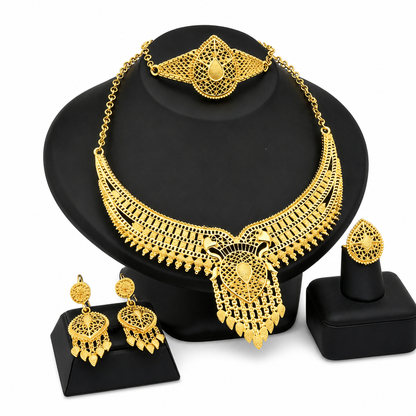 📢📢50 % RABATT !! ⏰24K guldpläterat bröllopssmyckeset – halsband, armband, ring och örhängen i indisk stil från Dubai för kvinnor